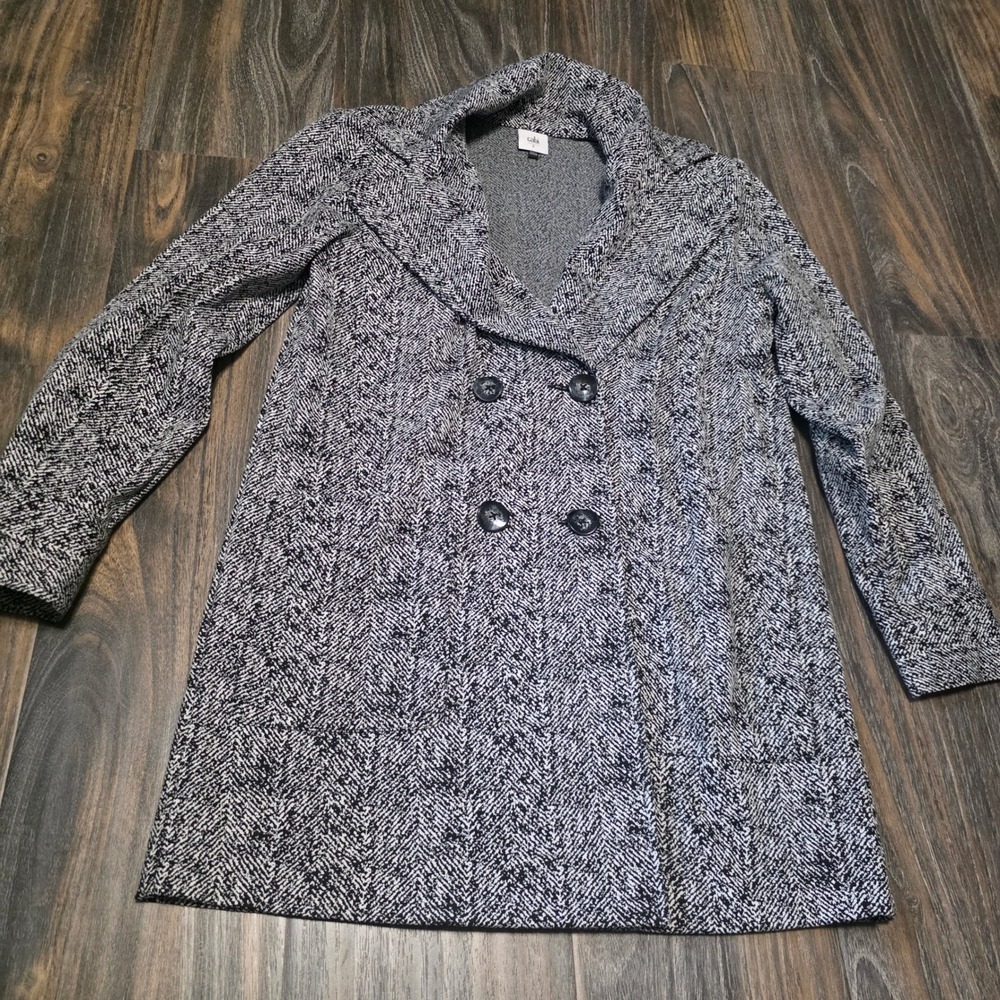 Cabi 4294 Black White Herringbone Knit Double Breasted Coat Womens Small